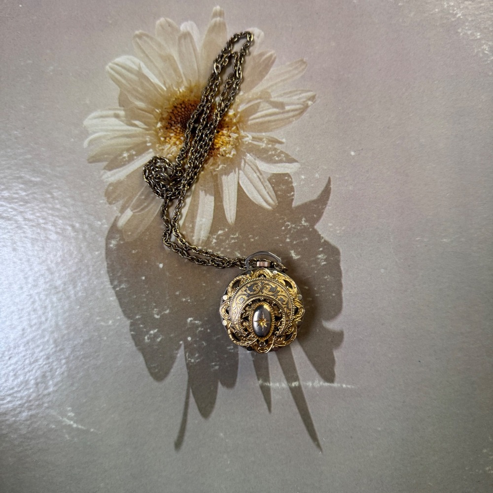 Vintage Lucerne Swiss Made Antimagnetic Pendant Watch Gold Tone Filigree Chain